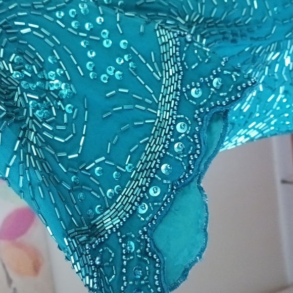 Vintage Sequin dress round neck short sleeve mini silk teal green size 6-8 - Picture 5 of 13